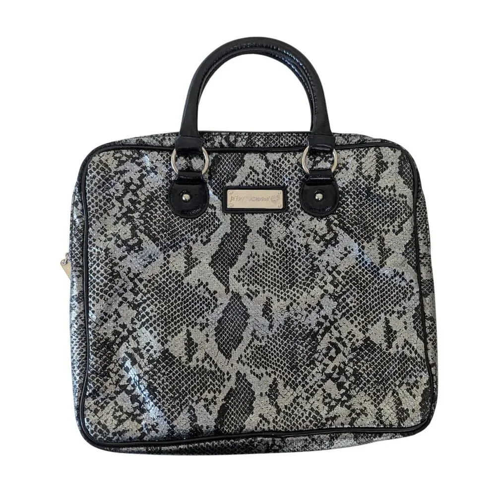 Betsey Johnson Metallic Silver Snakeskin Python Print Laptop Bag Purse